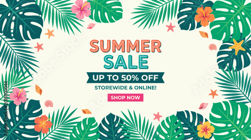 Vibrant tropical summer sale background banner with lush green leaves and exotic flowers