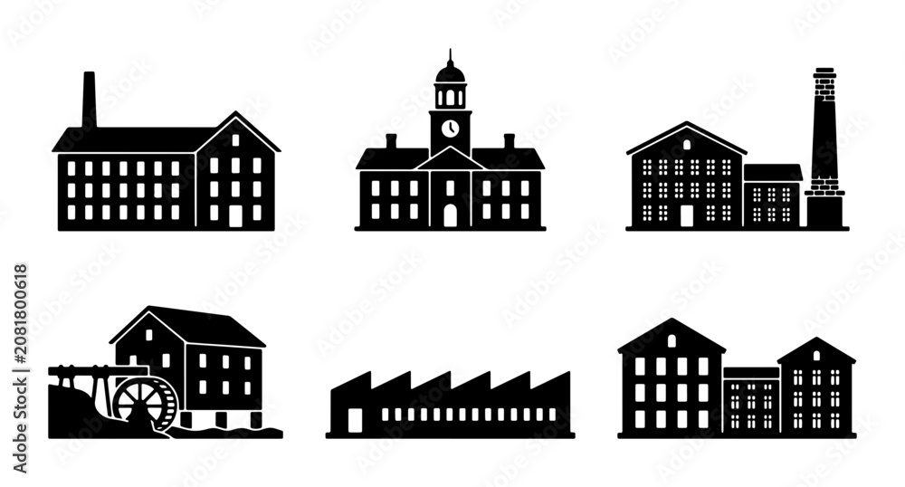 Obraz premium Industrial Building Icons, Factory Silhouettes, Architectural Vector Set