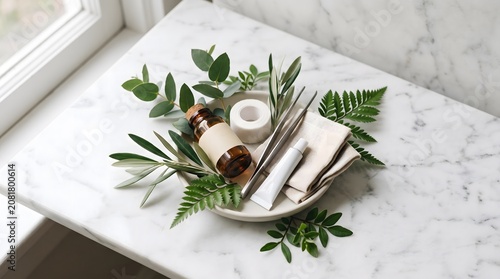 Natural first aid kit and skincare set with essential oil bottle, tweezers, cream tube, bandage, and fresh eucalyptus leaves on marble surface.
