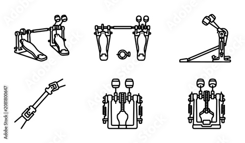 Drum Bass Pedals, Double Bass Drum Pedals, Drum Hardware Vector Icons
