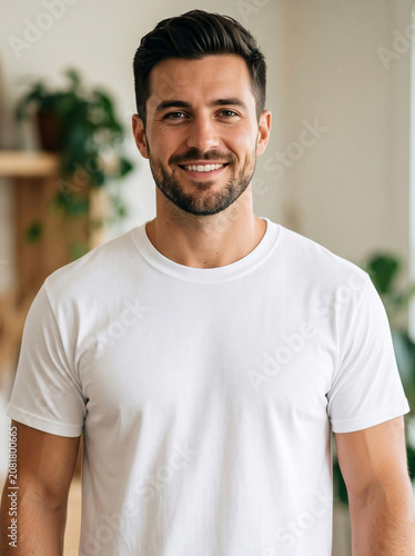 Portrait of a smiling young White man wearing a blank white t-shirt indoors, looking at camera, happy casual lifestyle concept