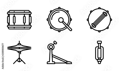 Drum Kit Icons, Percussion Instruments, Musical Equipment Vector Set