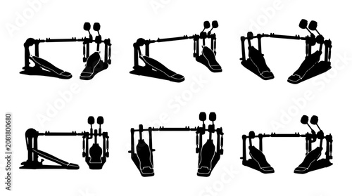 Drum Pedals, Bass Drum Double Pedal Set, Percussion Equipment Vector Icons