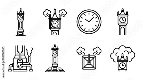 Big Ben Clock Tower Icons, London Landmark Vector Set, Timekeeping Symbols