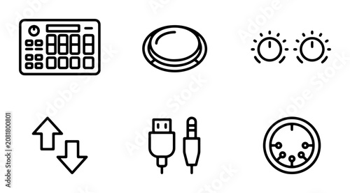 Music Production Icons Set: DJ Controller, Knobs, Audio Jacks, MIDI