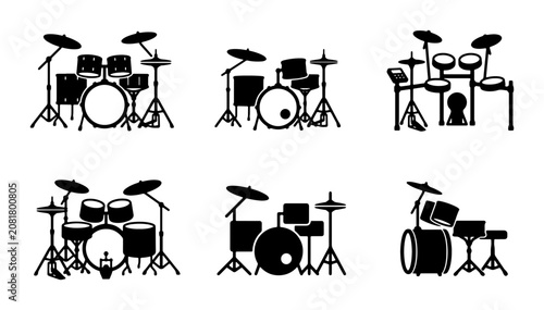 Drum Kit Silhouettes, Music Instruments Vector Icons, Rock Band Percussion Set