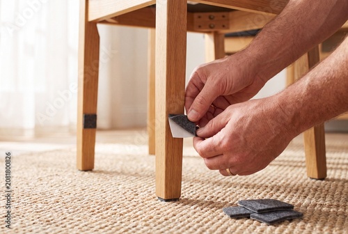 Applying felt furniture pads to wooden chair legs
