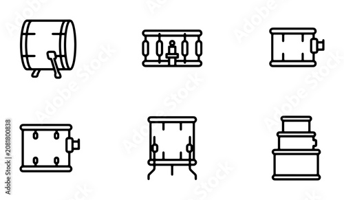 Drum Set Icons, Percussion Instruments Vector Graphics, Musical Equipment Collection