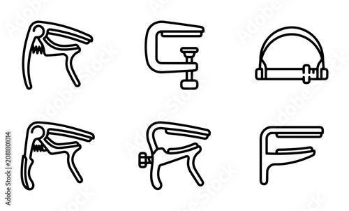 Guitar Capo Icons, Music Accessories, Acoustic Instrument Tools, Vector Set