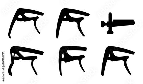 Guitar Capo Set, Musical Accessory Icons, Black Silhouette Vector Graphics