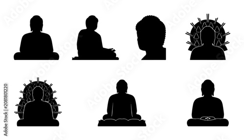 Foto Buddha Silhouette Icons, Meditation Poses, Spiritual Symbols Vector Set