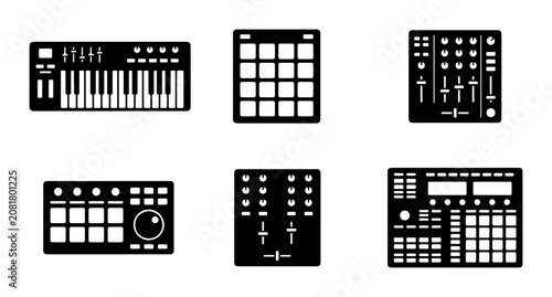 Music Production Gear Icons: DJ Controller, Drum Machine, Synthesizer