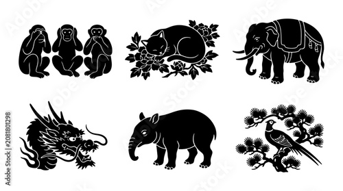 Canvas Print Mythical Creatures & Animals Silhouettes: Dragon, Elephant, Monkey Trio
