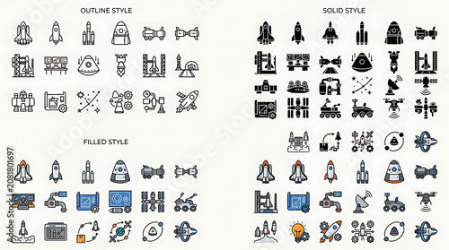 Space and technology icons are categorized into outline, solid, and filled styles to provide versatile design options for various user interface projects.
