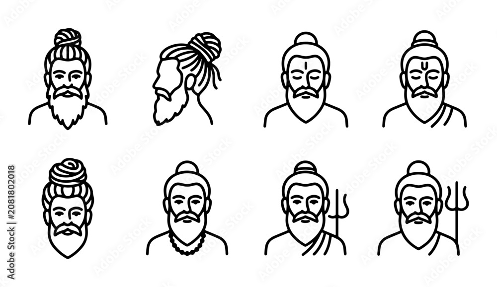 Φωτογραφία Indian Sages Icons, Hindu Ascetics Collection, Spiritual Men Vector Set
