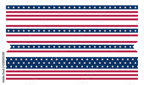 USA flag border set, American patriotic stripe dividers and ribbon banner collection for Independence Day, National celebration decoration elements, Vector illustration.