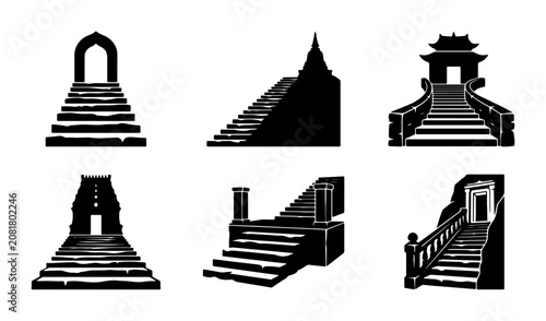 Photos Ancient Staircase Icons, Temple Steps, Monumental Architecture, Vector Set