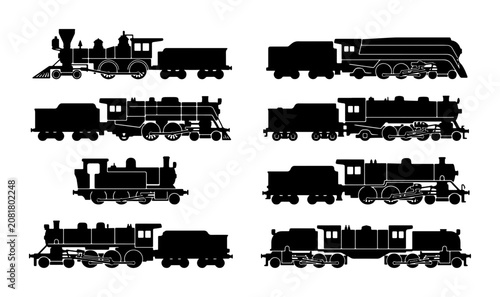 Tableau sur toile Vintage Steam Train Silhouettes, Retro Locomotive Collection, Classic Railroad E