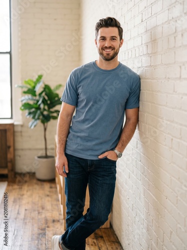 Full-length portrait of a smiling young White man leaning against a brick wall in a bright loft apartment, happy casual lifestyle concept
