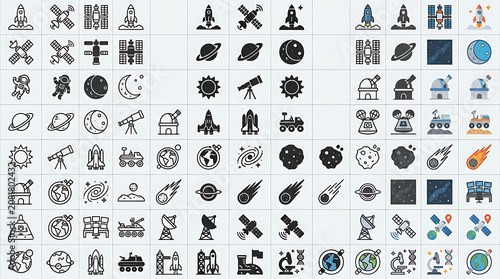 Icons representing space exploration technology include rockets, satellites, and planetary symbols arranged in a grid format for digital design assets.