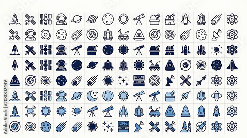 Cosmic infographic elements present a detailed array of stellar and mechanical icons suitable for aerospace and technology presentations.