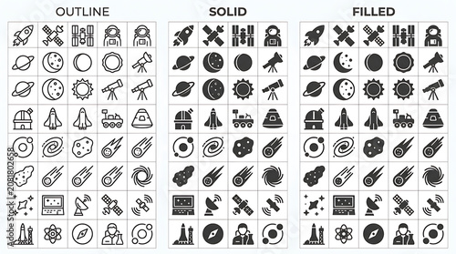 Space mission symbols display a wide variety of cosmic icons organized in distinct style categories for professional interface design.