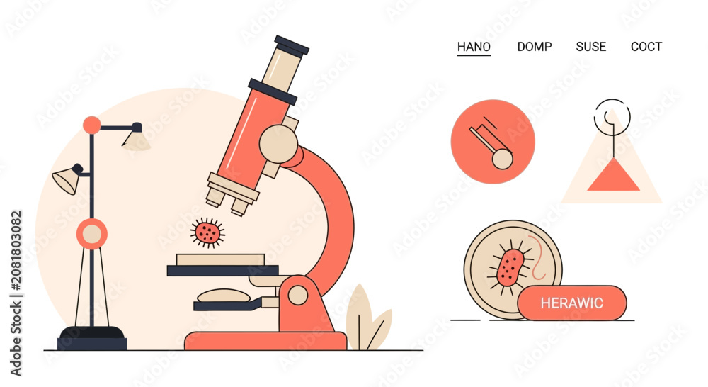 Naklejka premium Scientific Illustration: Conceptual Depiction of Microscopic Analysis and Biomedical Research