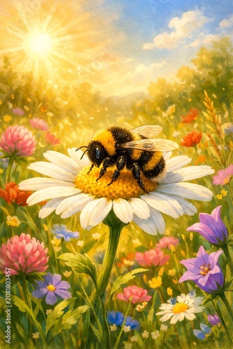 Bumblebee sitting on a daisy flower in a sunny meadow