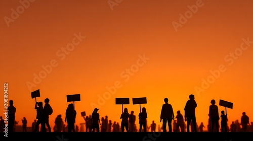 Silhouette of people protesting with signs at sunset.