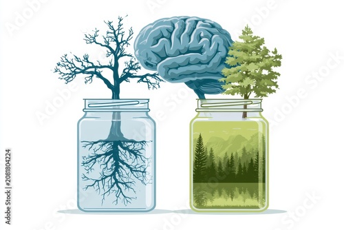 Illustration shows a jar with depleted attention on one side and a jar filled with nature for cognitive restoration on the other side