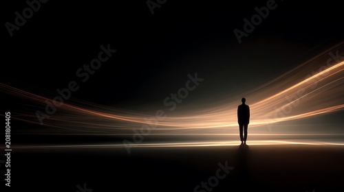 Silhouette of a person standing in a dark space with glowing light trails.