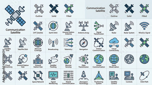 Satellite communication icons provide a detailed visual overview of aerospace technology and signal transmission systems.