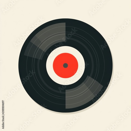Vinyl record spins on a turntable, representing analog music and entertainment in a simple and bold design with a warm palette.