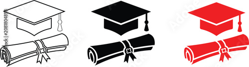 Fotografía Graduation cap and diploma scroll icon set for academic achievements featuring stylized mortarboard hat with tassel and tied degree parchment paper document for university commencement ceremonies