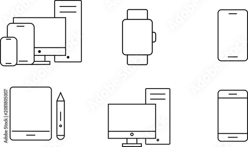 Technology Device Line Art Icons of Smartphone, Tablet, Smartwatch, and Desktop Computer Outline Vector Illustration