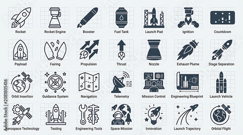 Rocket engineering icons provide a detailed visual overview of aerospace technology and space exploration hardware.