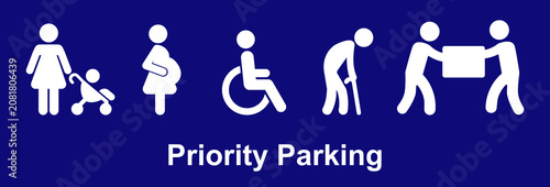 Priority parking sign icons featuring symbols for parent with stroller, pregnant woman, wheelchair user, elderly person, and passengers carrying luggage.