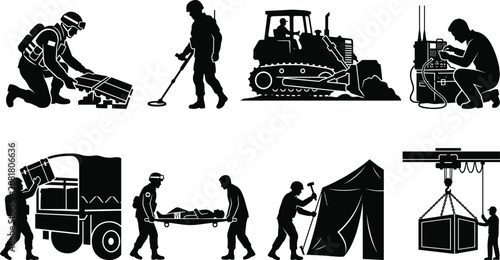 Set of black silhouettes showing military personnel in various field operations and tasks