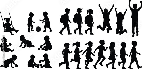 Children playing running crawling and walking with backpacks active school kids silhouettes set