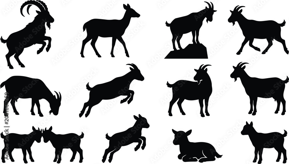 Fototapeta premium Goat Silhouette Vector Icon Set with Wild Ibex Ram and Farm Animal Poses for Farming Wildlife and Hunting Logo Design Elements