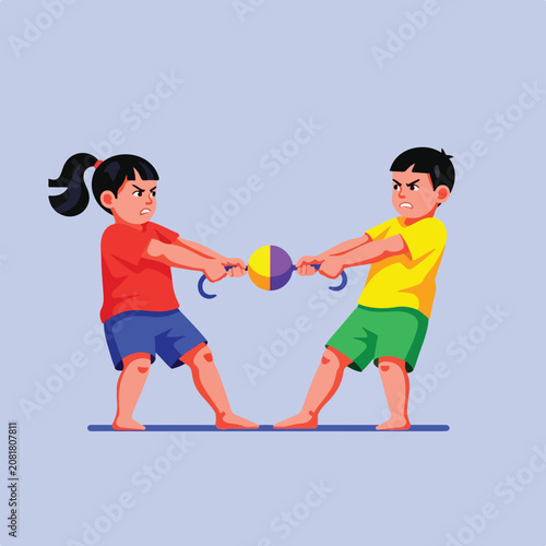 Two children tugging on a toy in a competition