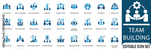 Team building and corporate business collaboration vector icon set. Features leadership, team management, staff engagement, partnership, and workplace cooperation icons.