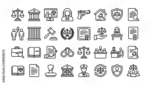 Collection of legal and justice system icons isolated on transparent background
