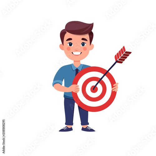 Happy businessman holding a target with an arrow in the center