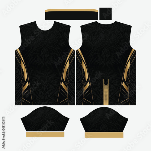 Luxury Black and Gold Soccer Jersey Design Template, Custom Sports Apparel Sublimation Kit Vector Layout with Abstract Geometric Patterns