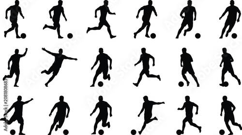 Schilderij op canvas Soccer players running kicking and dribbling football silhouettes collection iso