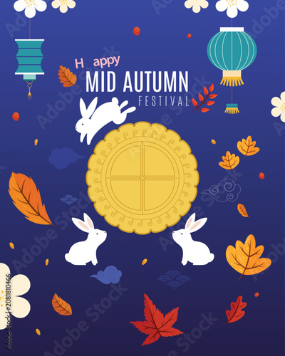 Mid Autumn Festival poster template with mooncake and rabbits