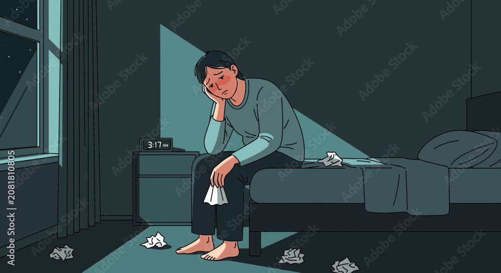 Fototapeta premium Sadness Illustrated: Solitary Figure in the Midnight Hour, Overwhelmed by Grief and Anguish