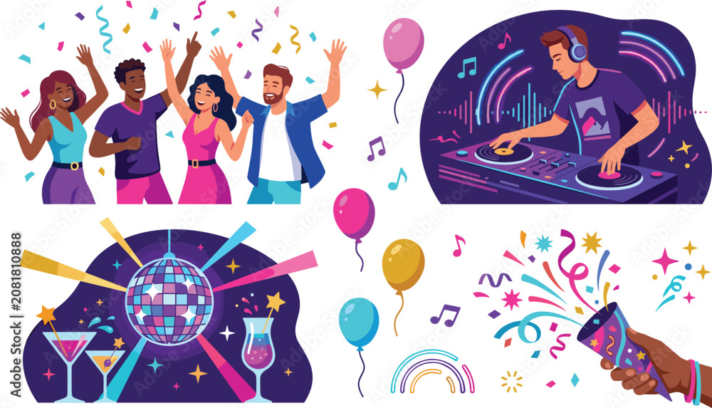 Fototapeta premium Nightclub Party and Celebration Vector Illustration Set with Dancing People, DJ Mixing Music, Disco Ball, and Confetti Poppers for Event Promotion Designs