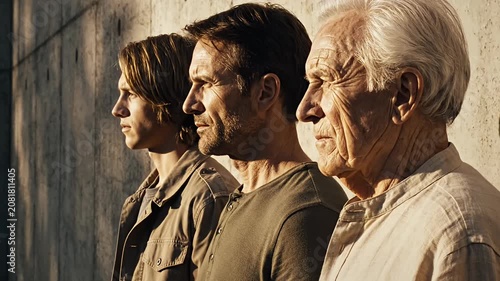 Three generations of men in side profile profile.